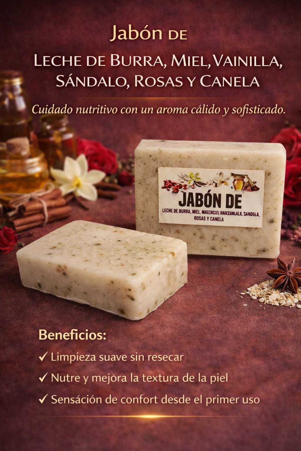 Jabón de Leche de Burra, Miel, Vainilla, Sándalo, Rosas y Canela