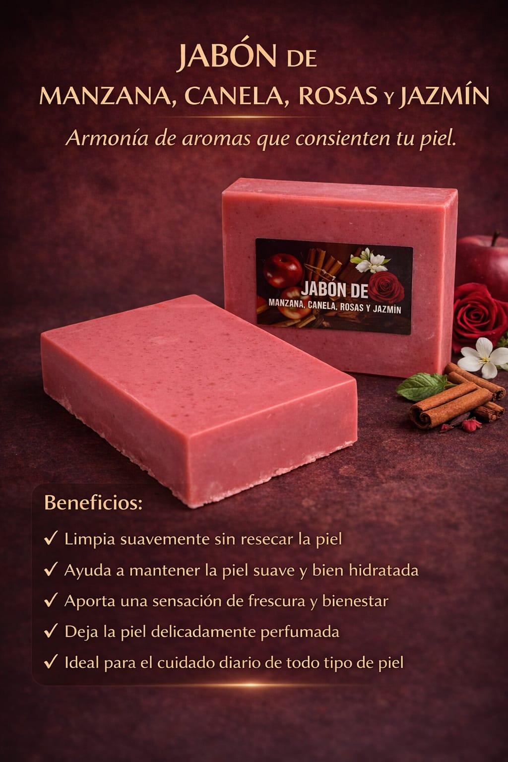 Jabón de Manzana, Canela, Rosas y Jazmín