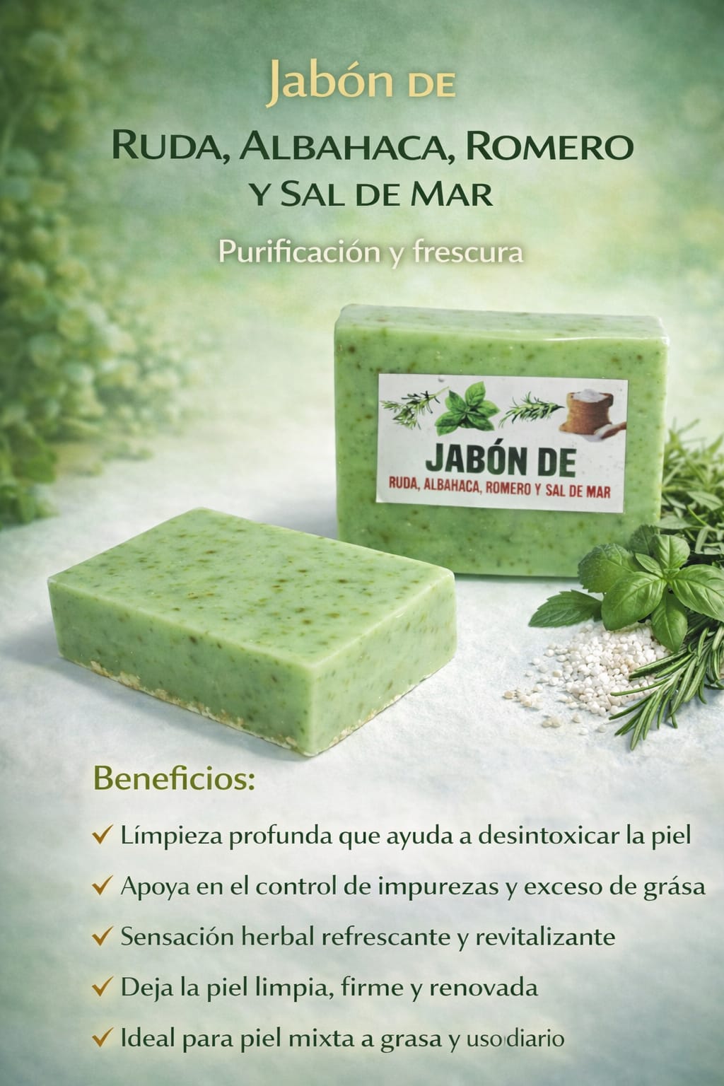 Jabón de Ruda, Albahaca, Romero y Sal de Mar